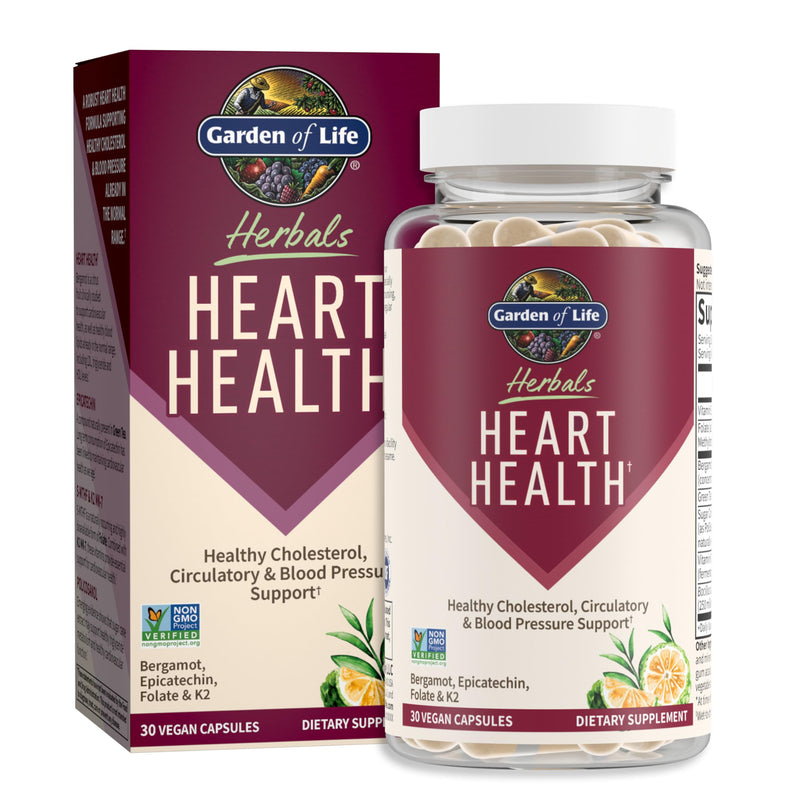 [Australia] - Garden of Life Herbals Heart Health Supplement with Folate, Bergamot, Green Tea & Vitamin E & K for Cholesterol, Circulatory & Blood Pressure Support, Non-GMO, Gluten-Free, Citrus Flavor, 30 Servings 