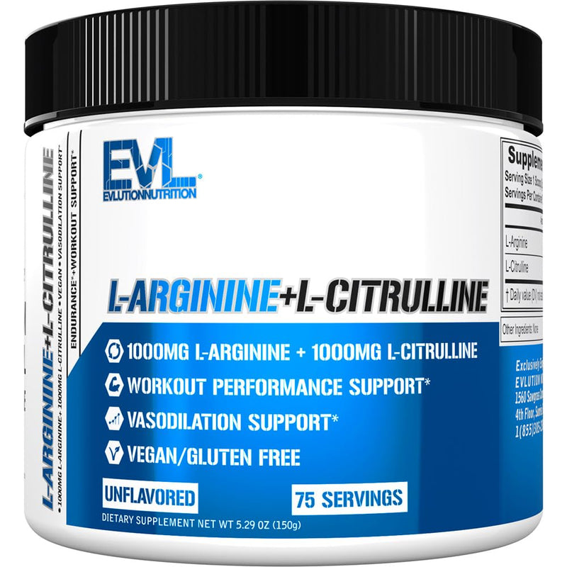 [Australia] - Evlution Nutrition L-Arginine + L-Citrulline - Endurance + Workout Performance Supplement - 2000mg Complex - Vasodilation + Nitric Oxide Support - Vegan + Gluten Free Powder - 75 Servings 