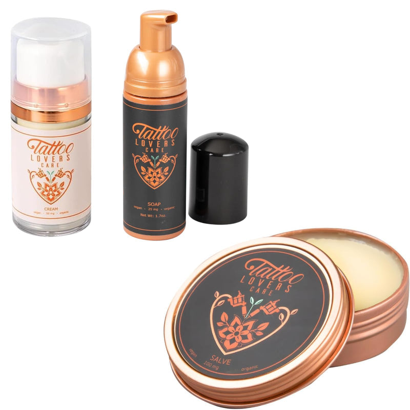 [Australia] - Tattoo Aftercare Salve, Cream, Foam Soap 3 Pack Bundle Moisturizer Set Promotes Skin Healing, Revitalizing for Redness, Swelling, Scabbing, Speed Up Healing Preserves Ink Jojoba Oil, Arnica, Shea 