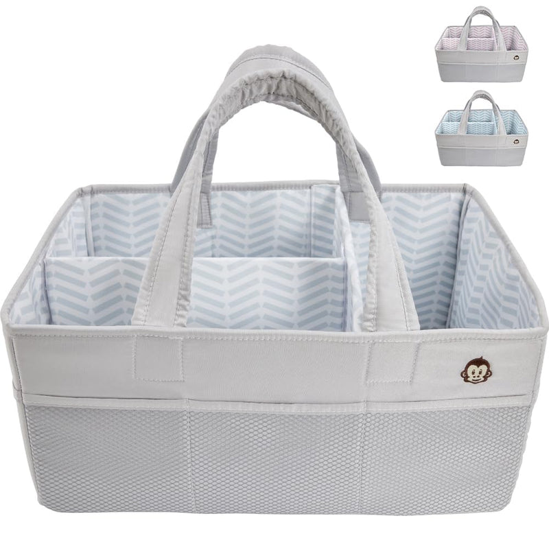[Australia] - MIGHTY MONKEY Oversized Stain Resistant Baby Diaper Caddy Organizer with Handle, Adjustable Mesh Storage Bin Compartments for Diapers, Baby Wipes, Newborn Changing Table Nursery Essentials, Gray 15" x 10" x 7" Gray/Gray 