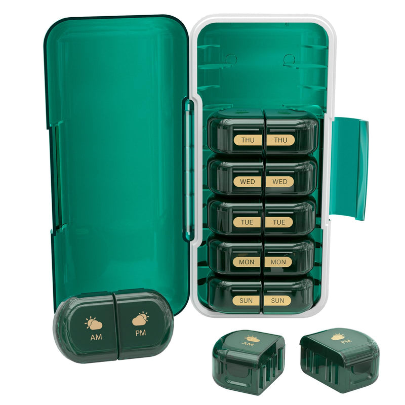 Weekly Pill Organizer 2 Times a Day, Moisture-Proof, Detachable Compartments, AM PM Pill Box 2X 7 Day, Travel Pill Organizer for Pills/Fish Oil/Medication/Vitamin/Supplements (Dark Green) Dark Green 2 Times x 7 Days