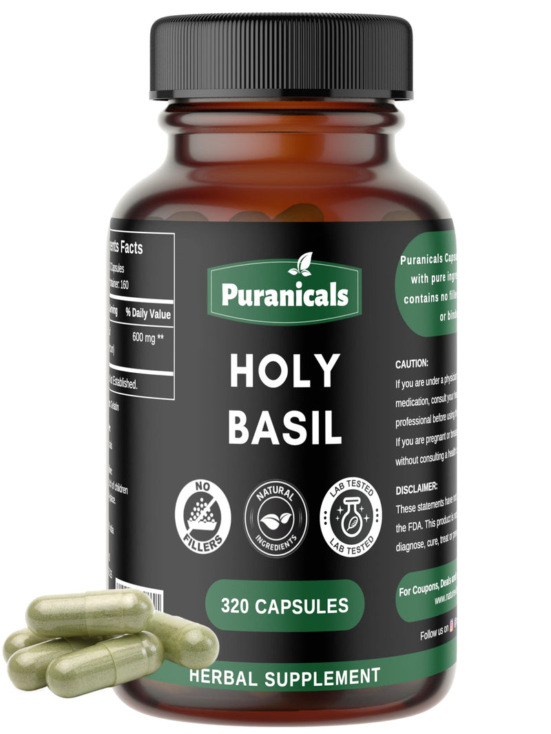 [Australia] - Holy Basil Premium 320 Capsules Non GMO and Gluten Free | Herbal Supplement | 600 mg Per Serving | Made with 100% Pure Herb Holy Basil Leaf Holy Basil Capsules 320 Count (Pack of 1) 