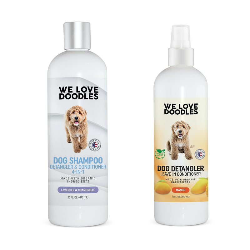 We Love Doodles 4-in-1 Lavender Shampoo, Conditioner & Detangler Bundle - Grooming & Tangle Remover Spray (Mango) - Made in USA - PawsPlanet Australia