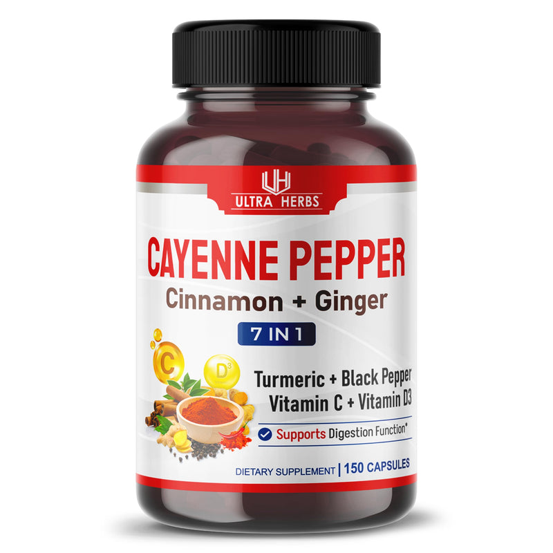 [Australia] - Cayenne Pepper 7 IN 1 - 16,250mg - with Ginger, Turmeric, Cinnamon, Black Pepper - Promotes Digestive System Function (150-day supply (pack of 1)) 150-day supply (pack of 1) 