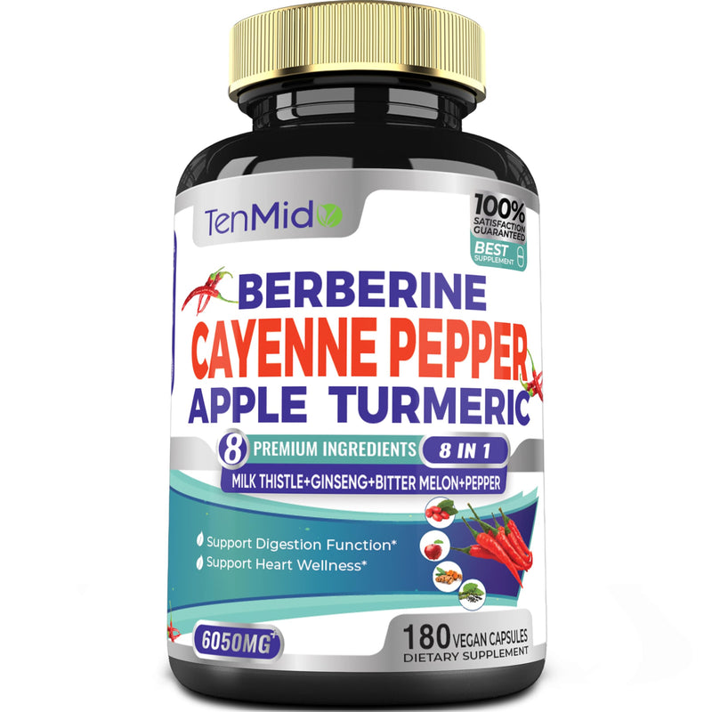 [Australia] - Cayenne Pepper Supplements Extract Capsules 6050mg, 180 Capsules & Berberine, Apple, Turmeric Curcumin, Bitter Melon, Ginseng, Milk Thistle| Supports Heart Health, Promotes Digestive Function 