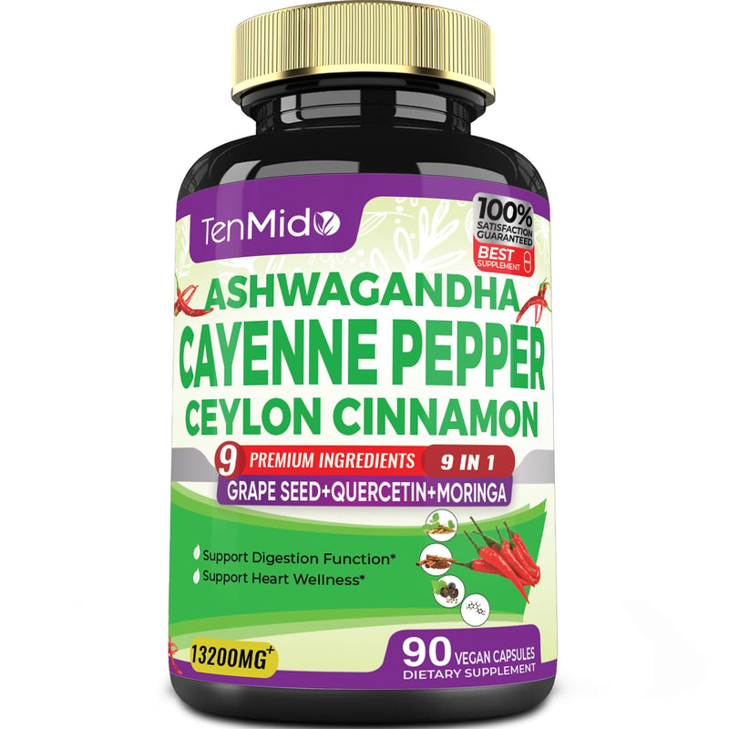 [Australia] - Cayenne Pepper Supplements Capsules 13200mg, 3 Months Supply & Ashwagandha, Ceylon Cinnamon, Grape Seed, Quercetin, Moringa, Ginkgo Biloba - Supports Cardiovascular, Promotes Digestive Health -90 Caps 