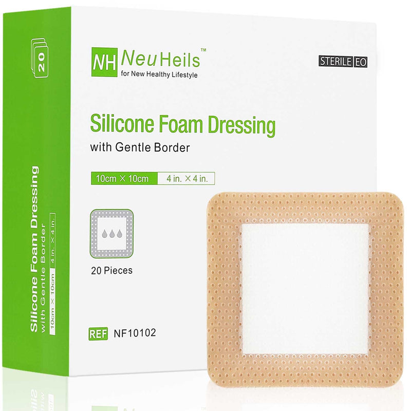 [Australia] - NeuHeils Silicone Foam Dressing with Gentle Border 4''x4'', 20 Pack for Bed Sore Leg Ulcer, High Absorbency Large Waterproof Silicone Wound Bandage 4''x4'' (20 Packs) 