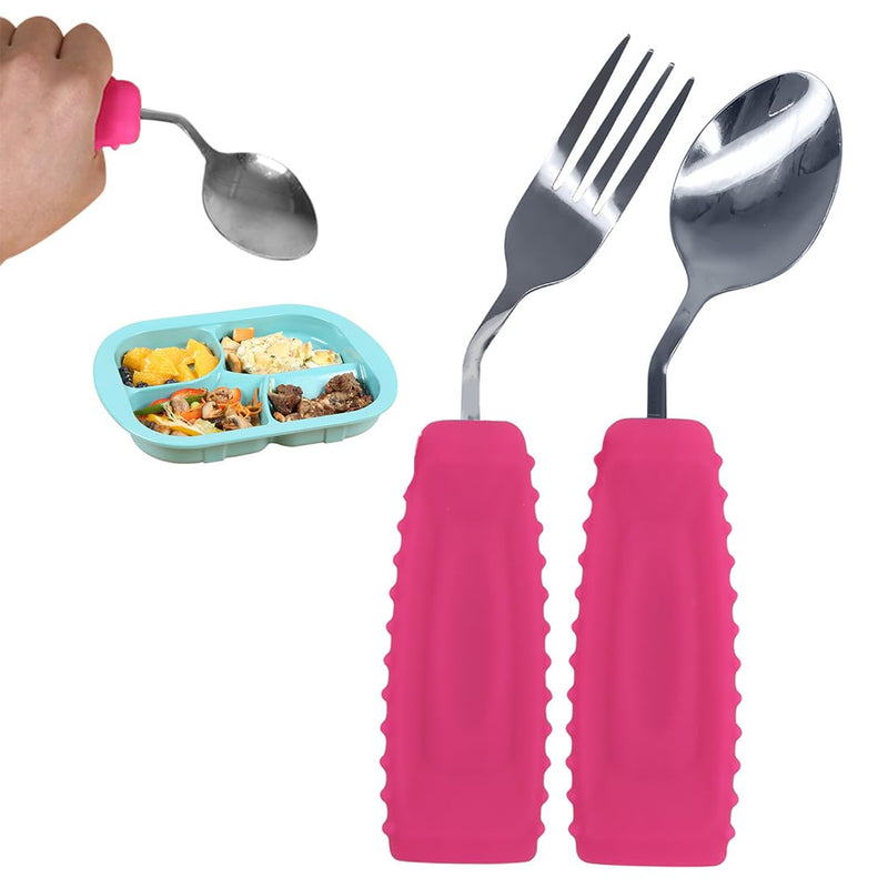[Australia] - Adaptive Weighted Utensils Set – Spoon and Fork for Hand Tremors, Parkinson’s, Elderly, and Arthritis – Adaptive Eating Utensils for Weak Grip and Limited Mobility Left Hand - 1 Set DeepPink Spoon and Fork 