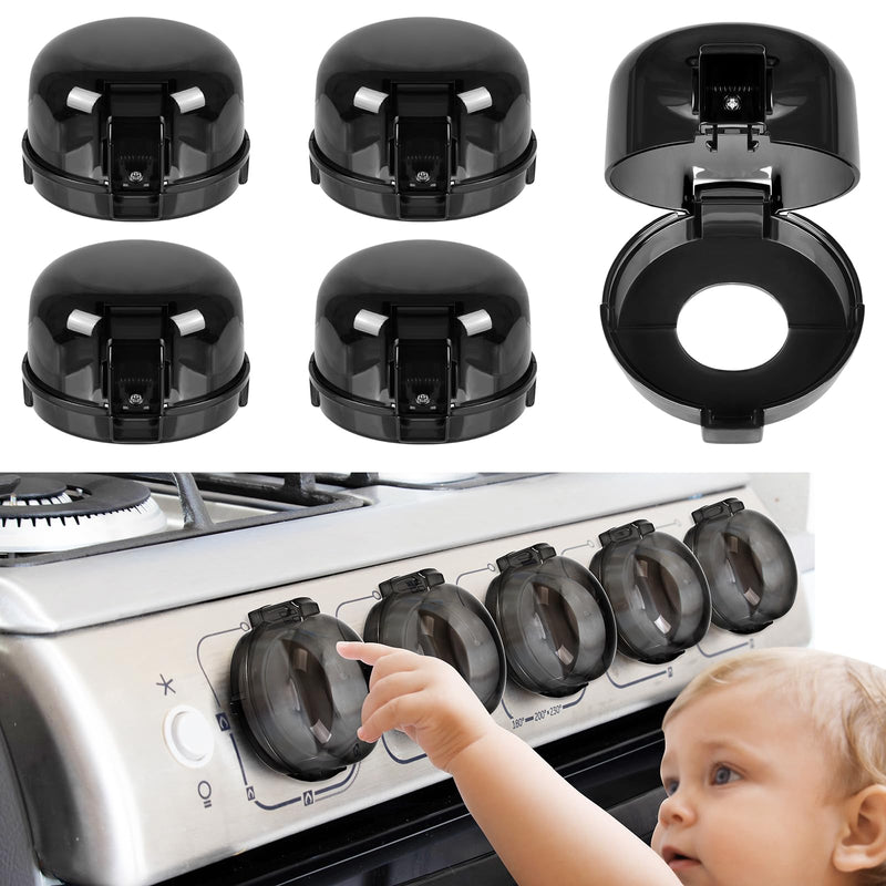 [Australia] - 5-Pack Stove Knob Covers for Child Safety - Universal Size Gas Stove Knob Covers with Adhesive, Heat-Resistant Baby Proof Stove Knob Covers, Dual-Key Oven Knob Covers for Child Safety and Pet (Black) 