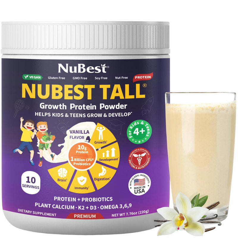 NuBest Tall Vanilla Plant-Based Protein Powder for Kids & Teens - Healthy & Immunity with Probiotics, Omega 3-6-9, Vitamin D3 + K2, Calcium & Vitamins - 10 Servings | 2 Week Supply 7.1 Ounce (Pack of 1)