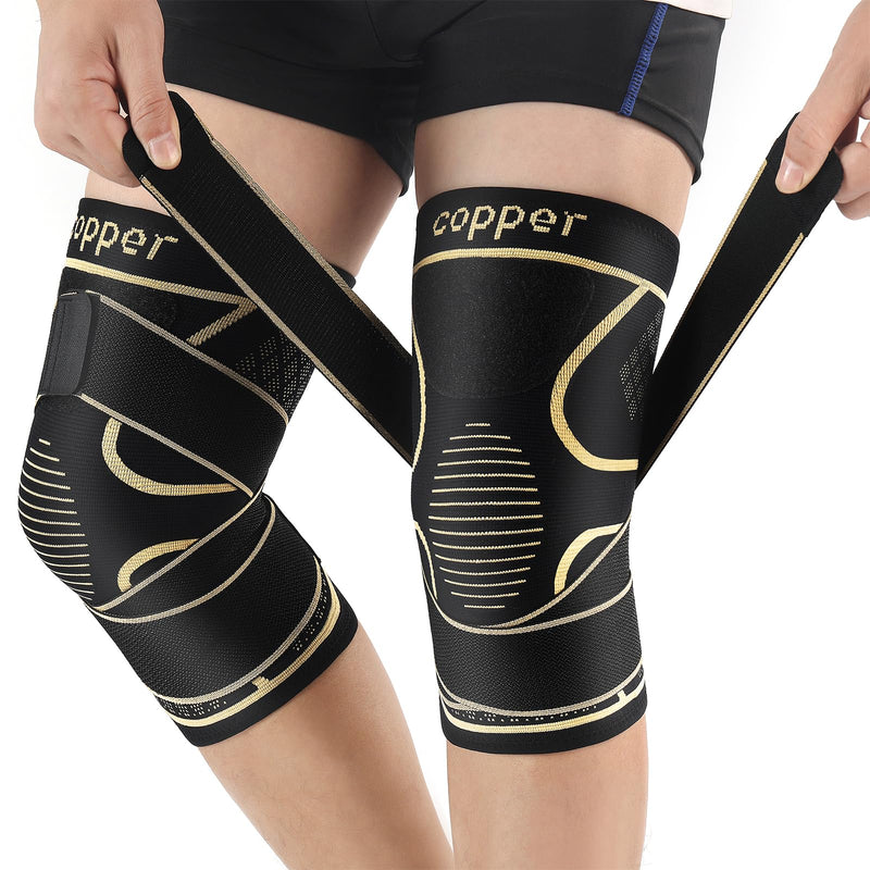 [Australia] - Copper Knee Braces with Strap for Knee Pain Women and Men(2 Pack), Knee Compression Sleeve for Arthritis, ACL, Meniscus Tear, Joint Pain Relief, Knee Support for Working, Running, Weightlifting Black+Copper Medium 