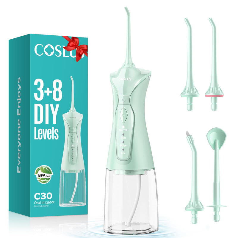 [Australia] - COSLUS Water Dental Flosser Pick for Teeth: 4 Modes Cordless Portable 300ML Larger Tank Water Teeth Cleaner IPX7 Waterproof Flossing Cleaning Picks for Home Travel Green C30(FC5360) 