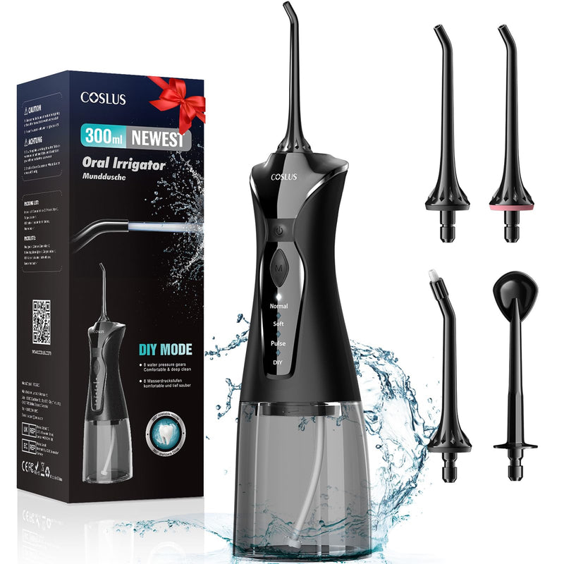 [Australia] - COSLUS Water Dental Flosser Pick for Teeth: 4 Modes Cordless Portable 300ML Larger Tank Water Teeth Cleaner IPX7 Waterproof Flossing Cleaning Picks for Home Travel FC5360 Black 