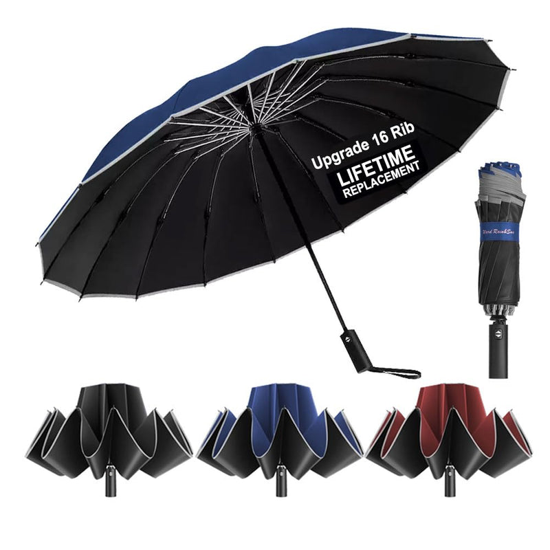 Ward Rain&Sun Windproof Inverted Travel Umbrella - 10/12/16-Rib Designs with Automatic Folding, Compact & Portable, Durable Reverse-Fold Rain Umbrella for Car & Backpack F1.2.UV.Navy Blue