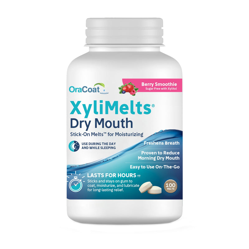 [Australia] - OraCoat XyliMelts Dry Mouth Relief Moisturizing Stick-On Melts Berry Smoothie with Xylitol, For Dry Mouth, Stimulates Saliva, Non-Acidic, Day and Night Use, Time Release for up to 8 Hours, 100 Count 