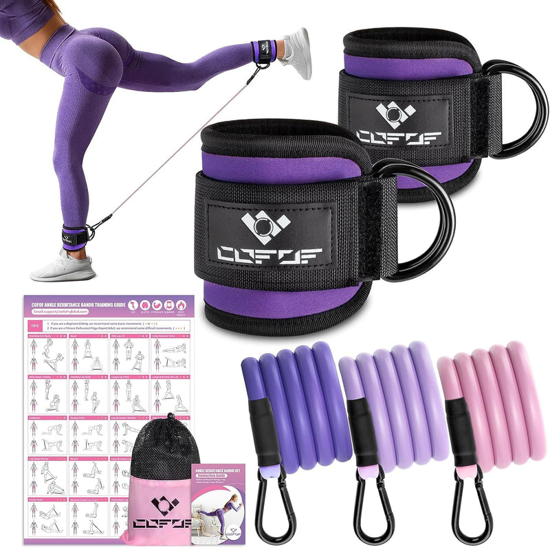 [Australia] - Ankle Resistance Bands with Cuffs, Ankle Bands for Working Out, Ankle Band Cuff for Kickbacks Hip, Leg Glute Exercise Equipment with Training Poster, Resistance Band with Ankle Cuffs for Women Purple 