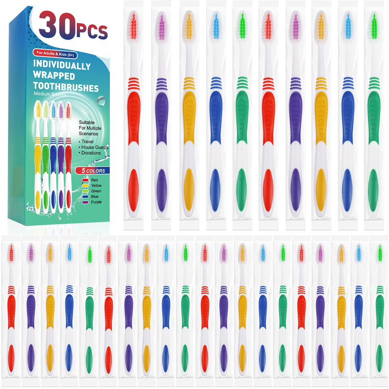 [Australia] - Navona 30 PCS Premium Individually Wrapped Bulk Toothbrush Pack, Disposable Toothbrushes, Kids Toothbrush, Medium Soft Bristle Toothbrushes, Ergonomics Handle, Perfect for Travel Hotel Donation 
