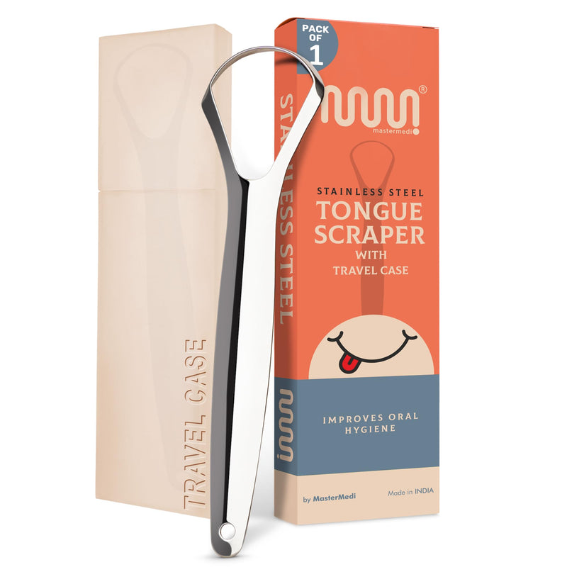 [Australia] - MasterMedi Tongue Scraper for Adults, 100% Stainless Steel Tongue Scrubber for Bad Breath, Easy to Use, Tongue Cleaner for Oral Care & Hygiene (SPTC-1|with Case) SP TC Pack of 1 (With Travel Case) 