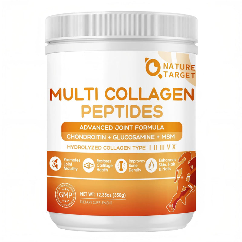 NATURE TARGET Multi Collagen Peptides Powder for Women Men, 35 Servings | Hydrolyzed Collagen Types I II III V X with Hyaluronic Acid & MSM for Skin, Hair, Nails & Joint, Non-GMO