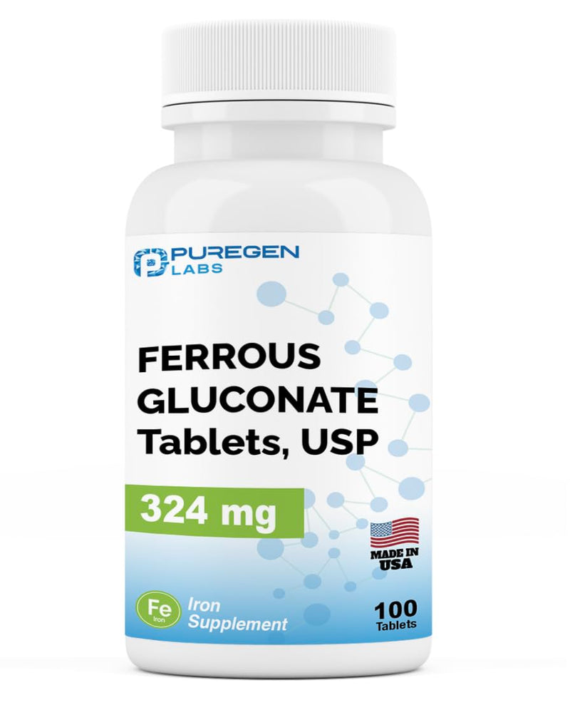 [Australia] - Puregen Labs Ferrous Gluconate 324 mg [High Potency] Iron Supplement, Gentle on Stomach - 100 Tablets 1 