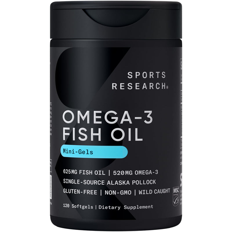 [Australia] - Sports Research Fish Oil Mini-Softgels - Easy to Swallow Omega-3 Fatty Acids from Wild Caught Alaska Pollock Supporting Brain & Heart Health - 625mg, 120 Capsules 120 Count (Pack of 1) 