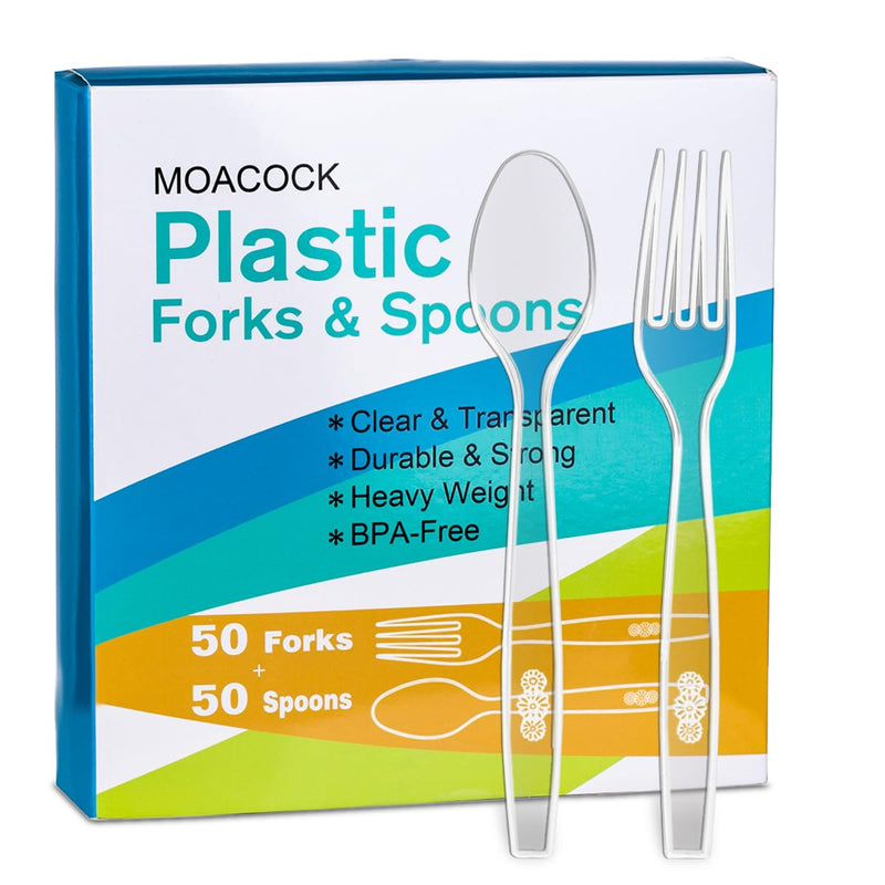 [Australia] - 100 Count Plastic Silverware, Heavy Weight Plastic Forks Spoons Disposable Utensils Cutlery Set for Wedding Party Supplies Everyday Use 100 