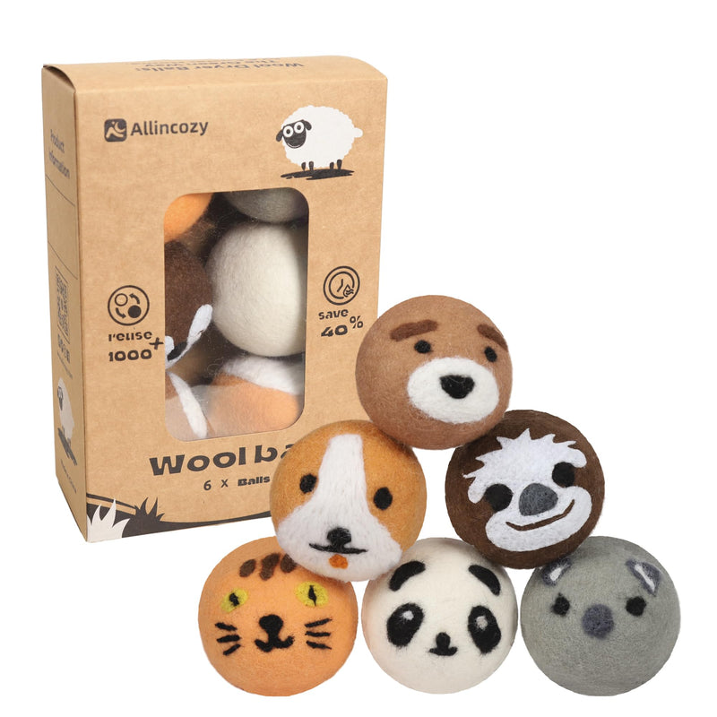 [Australia] - Wool Dryer Balls Laundry Reusable, Natural Eco-Friendly Fabric Softener Reduce Clothing Wrinkles, New Zealand Wool Laundry Balls for Dryer (Pack of 6, Animal) 