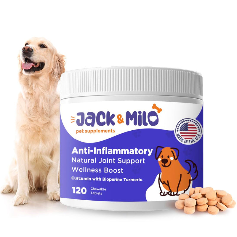 Supplement Anti Inflammatory for Dogs with Turmeric, Hip, and Joint - Dog Arthritis Pain Relief, Support for Mobility & Wellness, USA Made-GMP Certified, Non-GMO, 120 Tablets - Jack & Milo Anti-Inflammatory - PawsPlanet Australia