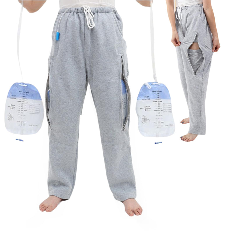 [Australia] - Catheter Leg Bag Pants, Urine Bag Holder Pants for Men/Women, Double Zippered Pockets Holding 2000ml Catheter Bags Large Grey 