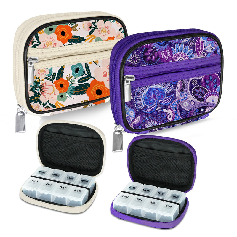 Serfeymi Weekly Travel Pill Organizer Pill Case for Purse with Removable 7 Day Pill Box, Fashionable Travel Medicine Organizer Pill Container for Medicine, Vitamin, Supplement - Bloom 01 + Purple 01 2 Cases + 2 Boxes C. Bloom 01 + Purple 01