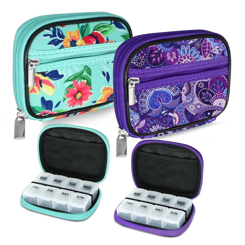 [Australia] - Serfeymi Weekly Travel Pill Organizer Pill Case for Purse with Removable 7 Day Pill Box, Fashionable Travel Medicine Organizer Pill Container for Medicine, Vitamin, Supplement - Green 01 + Purple 01 2 Cases + 2 Boxes C. Green 01 + Purple 01 