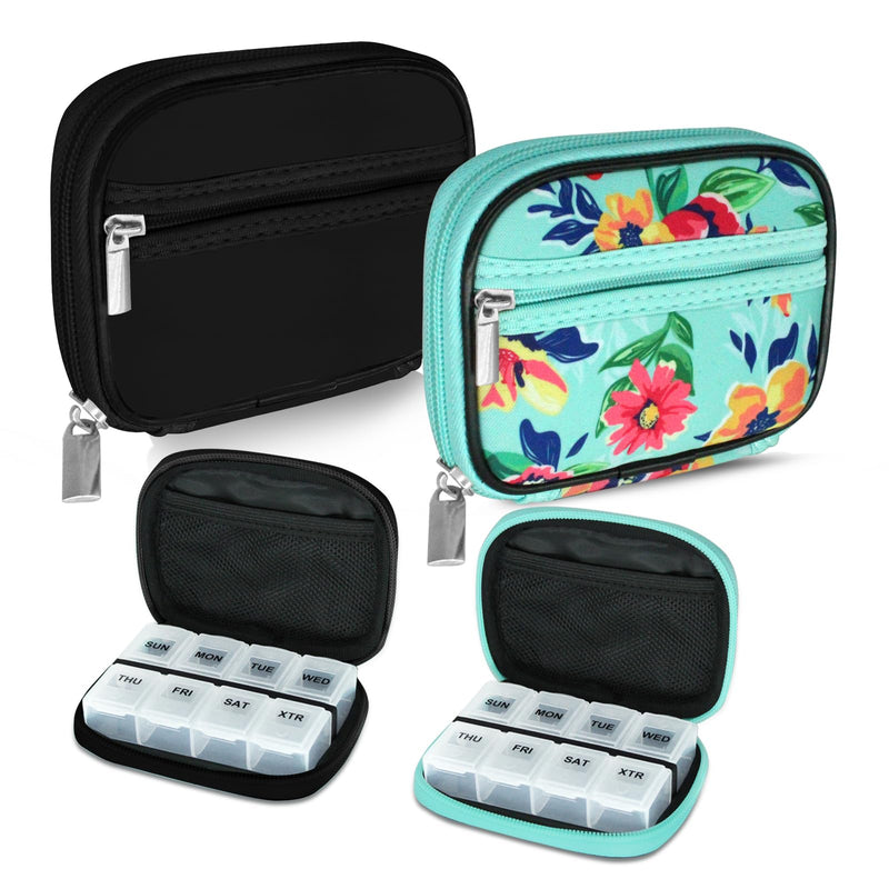 Serfeymi Weekly Travel Pill Organizer Pill Case for Purse with Removable 7 Day Pill Box, Fashionable Travel Medicine Organizer Pill Container for Medicine, Vitamin, Supplement - Black 01 + Green 01 2 Cases + 2 Boxes C. Black 01 + Green 01
