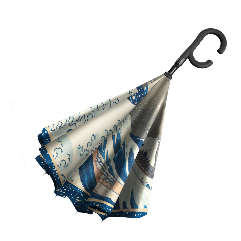 Reverse Inverted (inside-out) Windproof Fine Art Reverse-opening Upside Down Umbrella with C-shaped Handsfree Handle Umbrella Hokusai - The Great Wave