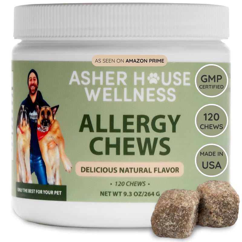 Asher House Wellness Dog Allergy Chews - All-Natural Itchy Skin Relief for Dogs with Bee Pollen, Colostrum - Licking Paw Treatment, Allergy Medicine for Dogs Over 12 Weeks, 120 Chews - PawsPlanet Australia