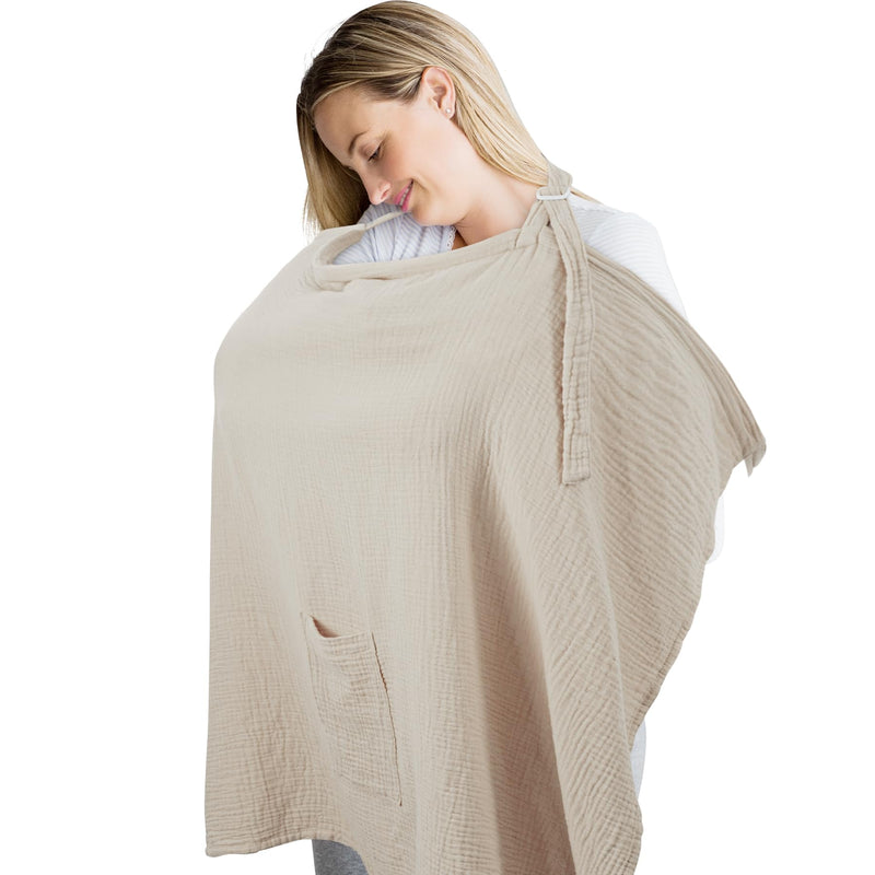 [Australia] - Cherub Muslin Nursing Cover for Breastfeeding, Breastfeeding Cover with Pocket Design & Carrying Bag, Soft Nursing Poncho, Baby Stroller Cover (Light Color) Light Color 