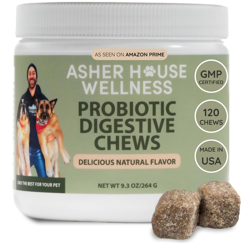 Asher House Wellness Probiotics Digestive Chew for Dogs - Dog Probiotic, Digestive Enzymes for Gut Health & Digestion - Pet Chews for Diarrhea, Upset Stomach, Allergies, Itchy Skin Relief, 120 Chews - PawsPlanet Australia