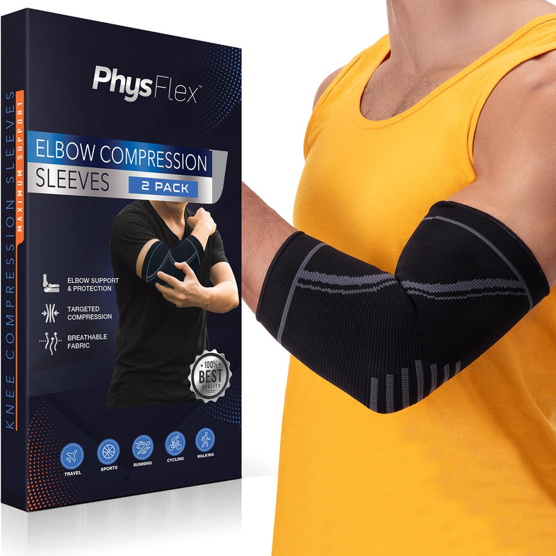 [Australia] - Elbow Brace 2 Pack for Tennis & Golfer's Elbow Pain Relief - Elbow Compression Sleeve for Weightlifting, Workout, Fitness, Arthritis, Bursitis - Tendonitis Elbow Brace for Men & Women Large Black 