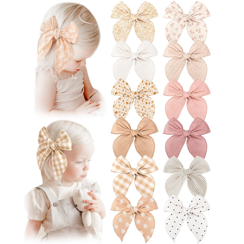 [Australia] - Pack of 12 Fable Girls Hair Bows Cotton Linen Alligator Hair Clips or Little Girls Toddlers Kids Neutral Handmade Hair Accessories-5.5 Inches Wheat 