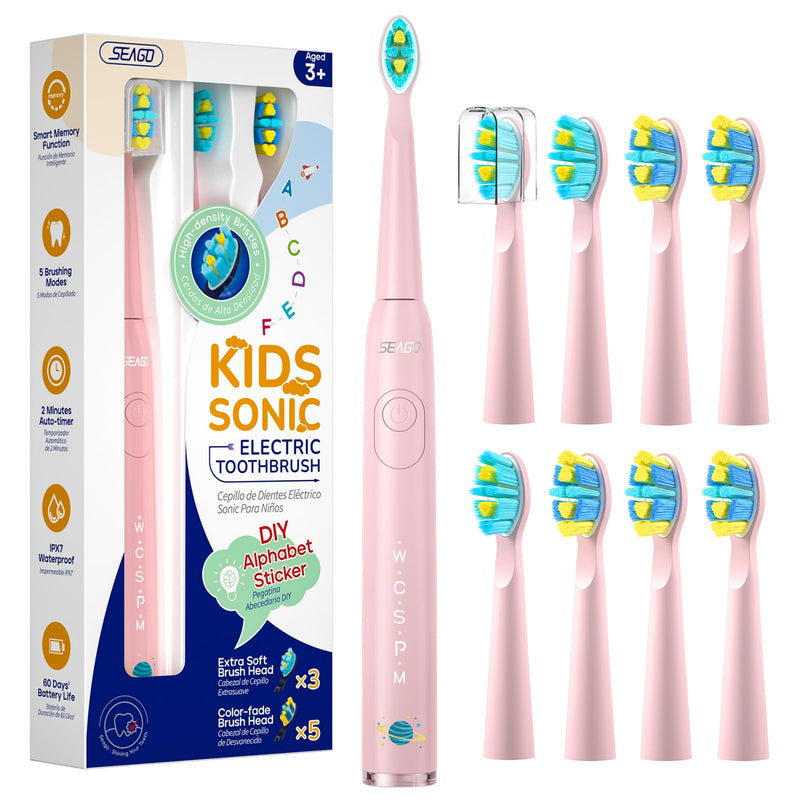 [Australia] - SEAGO Kids Electric Toothbrush, Rechargeable Sonic Soft Bristle Toothbrushes with 8 Brush Heads, DIY Stickers and 5 Modes, Ideal for Kids and Children, Ages 3–12 (Pink) Pink 