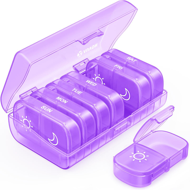 AUVON Weekly Pill Organizer 2 Times a Day, One-Side Large Opening, Easy‑Use | XL AM PM Pill Case, Travel Pill Box 7 Day, Medication Organizer for Medications, Vitamins, Fish Oils, Supplements, Purple