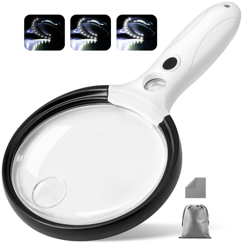 [Australia] - Large Magnifying Glass with Light, 10X 25X 45X Handheld Illuminated Magnifier with 3 Light Modes, 12 LED Lights, Storage Bag, Clean Cloth for Seniors Reading Coins Inspection (Black, Round) Black 