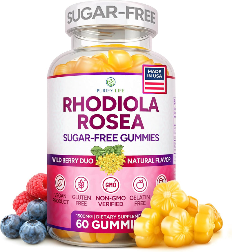 [Australia] - Sugar-Free Rhodiola Rosea Gummies (1500mg/Serving) Adaptogenic Rhodiola Rosea Supplement & Cortisol Blocker for Performance, Stamina, Mood & Motivation - Non-GMO, 60 Vegan Chews, No Capsules or Pills 