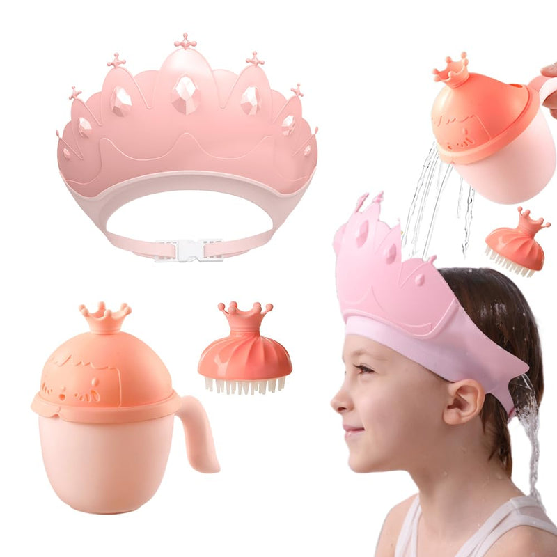 [Australia] - Baby Shower Cap Shield, Baby bath set shower cap/water cup/massage brush,Visor Hat for Eye and Ear Protection for 0-9 Years Old Children,Cute Crown Shape Makes the Baby Bath More Fun (Pink) Pink 