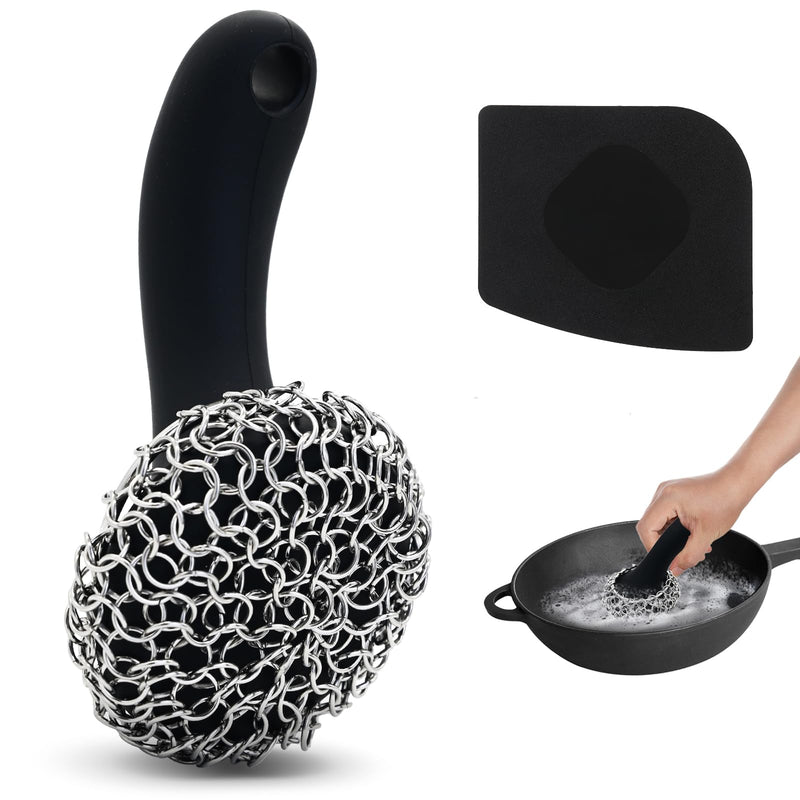 [Australia] - Cast Iron Scrubber with Long Handle | 316 Cast Iron Cleaner Chainmail Scrubber for Cast Iron Pan Skillet Cleaner - Dish Scouring Pad Dishwasher Safe Cleaning Kit (Black, 1 Scrubber + 1 Scraper) Black, 1 Scrubber + 1 Scraper 
