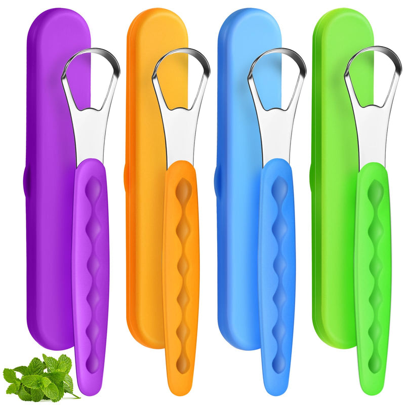[Australia] - 4 Pcs Tongue Scraper Cleaner Adults and Kids Stainless Steel Tongue Brush Metal Scraper Reduce Bad Breath with Travel Cases for Men Women Oral Mouth(Purple, Orange, Blue and Green) Purple, Orange, Blue and Green 