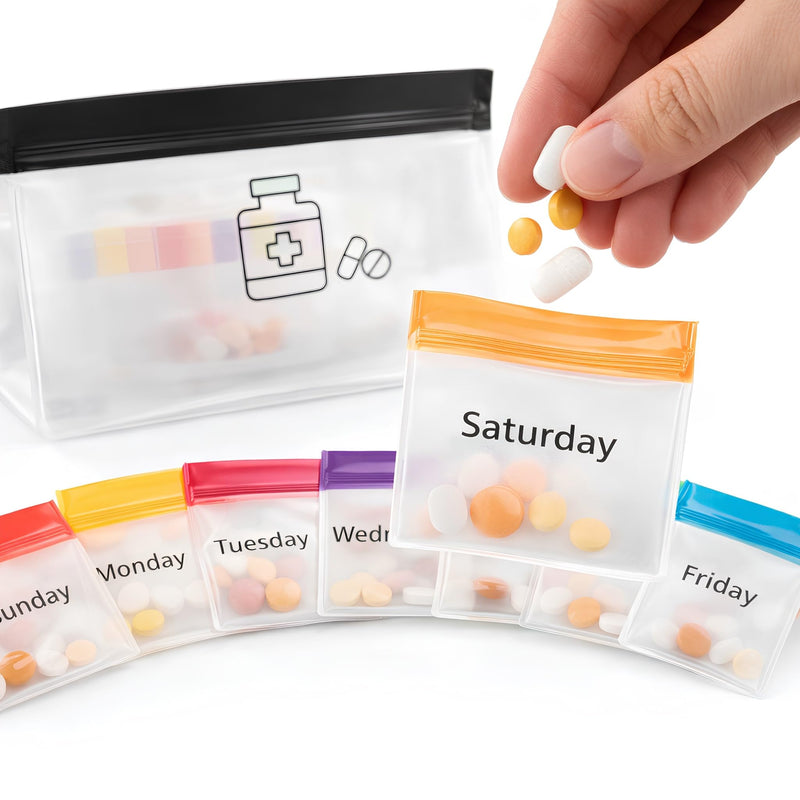 7 Day Pill Pouches Set with Labels, Reusable Silicone Pill Pouch Bags, Travel Medicine Organizer with Pill Cutter, Durable Vitamin Bags for Daily Dose 7 Count (Pack of 1) Black