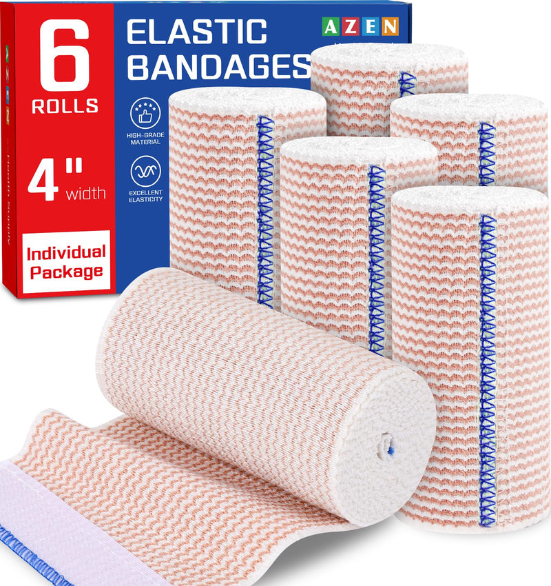 [Australia] - AZEN Premium 6 Pack Elastic Bandage Wrap 4 Inch, Compression Wrap Bandage for Legs, Lymphedema Wraps for Legs, Ankle, Knee, Tummy, Body, Latex-Free A-6p 