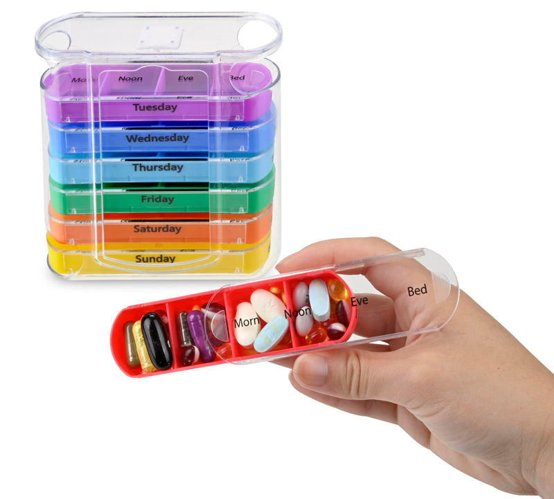 7 Day Pill Box Organizer, Hard Case with Embedded Magnet, 7 Stackable Trays, Perfect for Travel and Home Use.