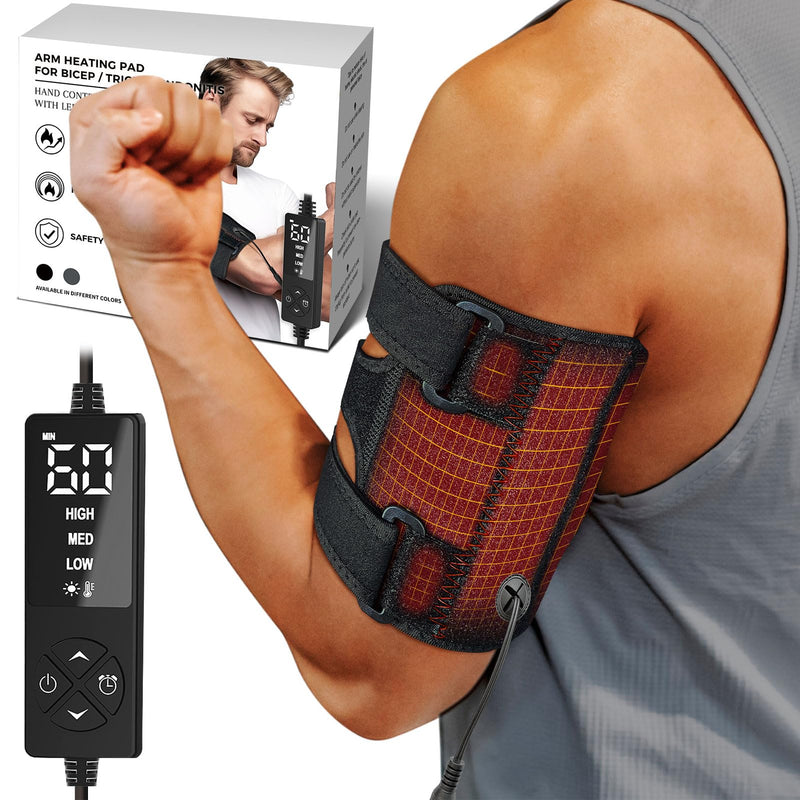 sticro Upper Arm Heating Pad for Bicep Tendonitis Pain Relief, Heated Arm Wrap for Biceps & Triceps Muscle Strains, Adjustable Bicep Brace with 3 Heat & 5 Timers Settings for Men/Women (S/M) Small/Medium Black