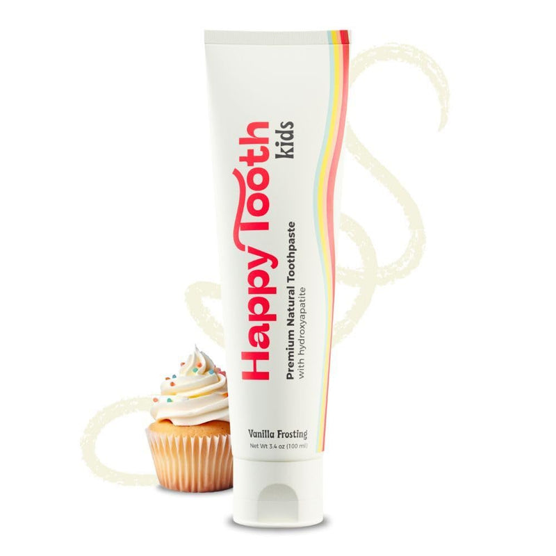 [Australia] - Happy Tooth Hydroxyapatite Toothpaste, Fluoride Free, Natural Whitening for Kids, Toddlers and Adults, SLS Free, Enamel Safe, Dentist Formulated with Clean Ingredients, Vanilla Frosting Flavor, 3.4oz 3.4 Ounce (Pack of 1) 